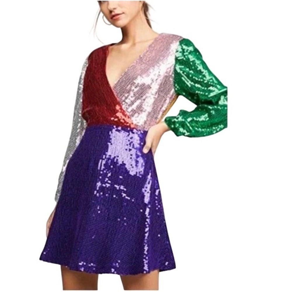 NEW NWT ALICE + OLIVIA Blaze Sequin Colorblock Long Sleeve Mini Dress SZ 4 Glam - Picture 2 of 11